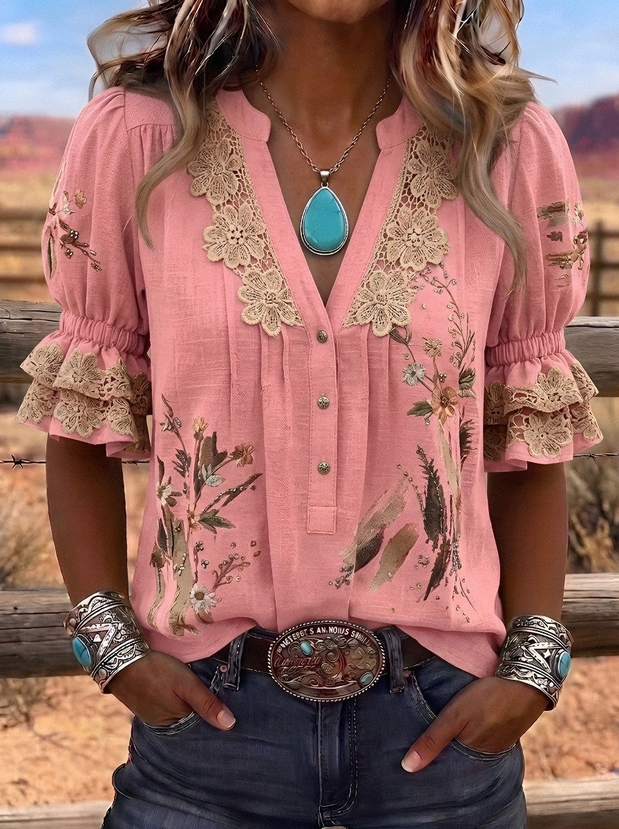 Women's Western Vintage Floral Lace Trimmed Printed Top