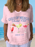 Women's Gulf Of Mexico Print Casual V-Neck Cotton and Linen Top
