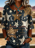 Women's Western Independence Day Star Cowboy Boot Printed T-shirt