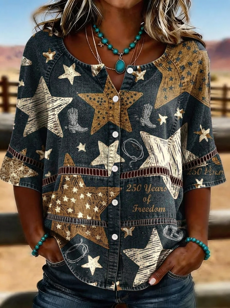 Women's Western Independence Day Star Cowboy Boot Printed T-shirt