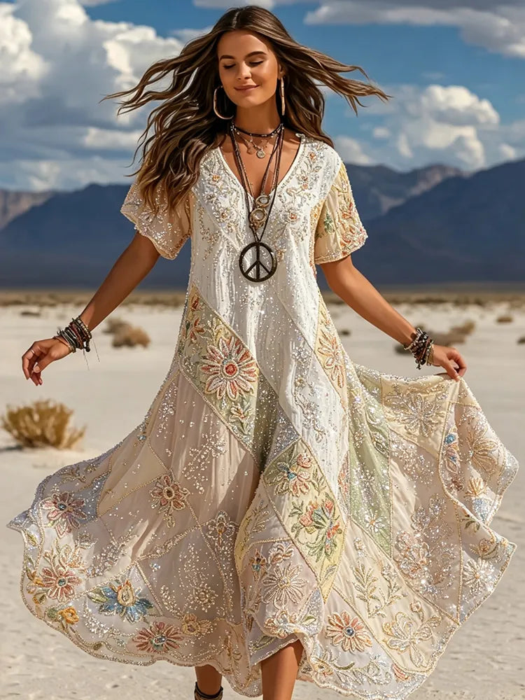 Women's Retro Hippie Floral Print Color Block Cotton Linen Dress