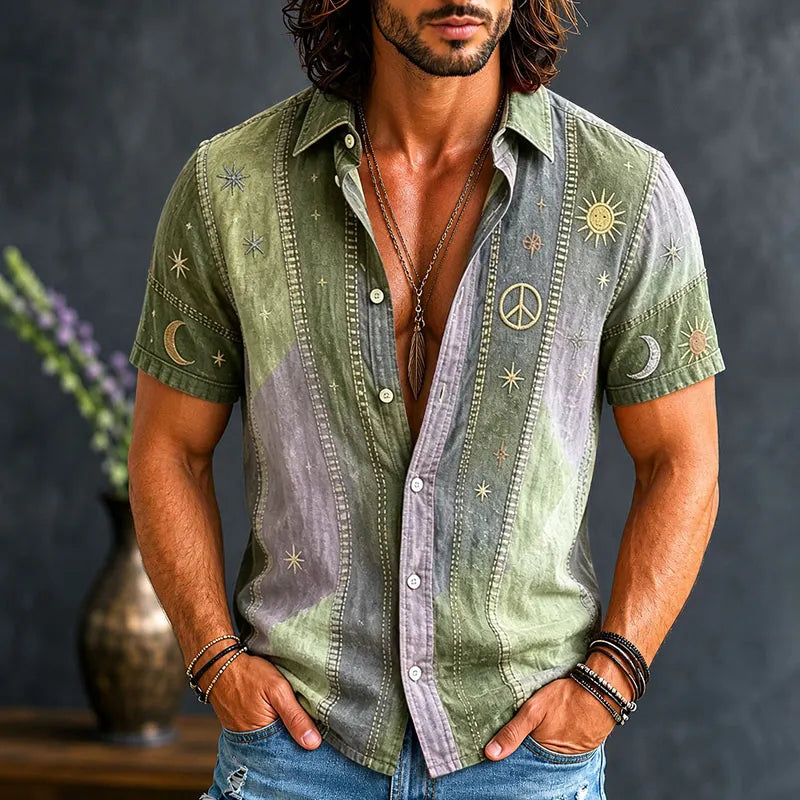 Men's Vintage Patchwork Peace Sign Sun Moon Star Art Print Cotton Linen Shirt