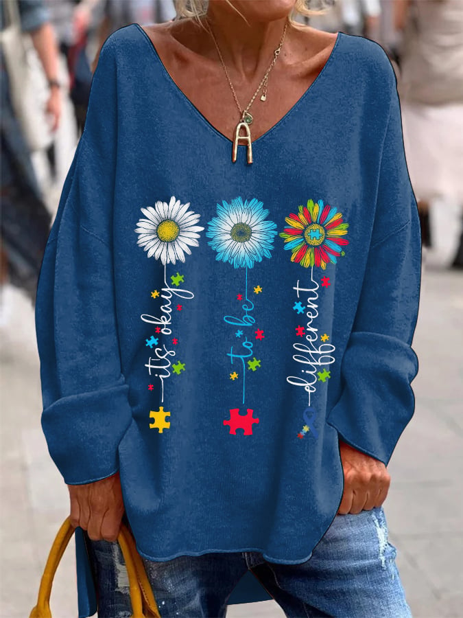 Women's It's Okay To Be Different Autism Awareness Print Casual V-Neck Top