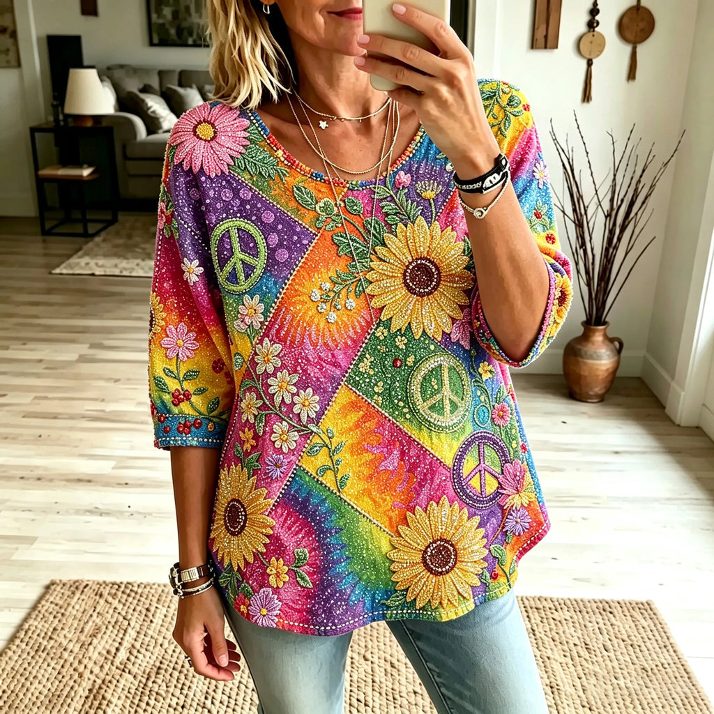 Women's Retro Hippie Floral Peace Symbol Embroidered Casual T-shirt