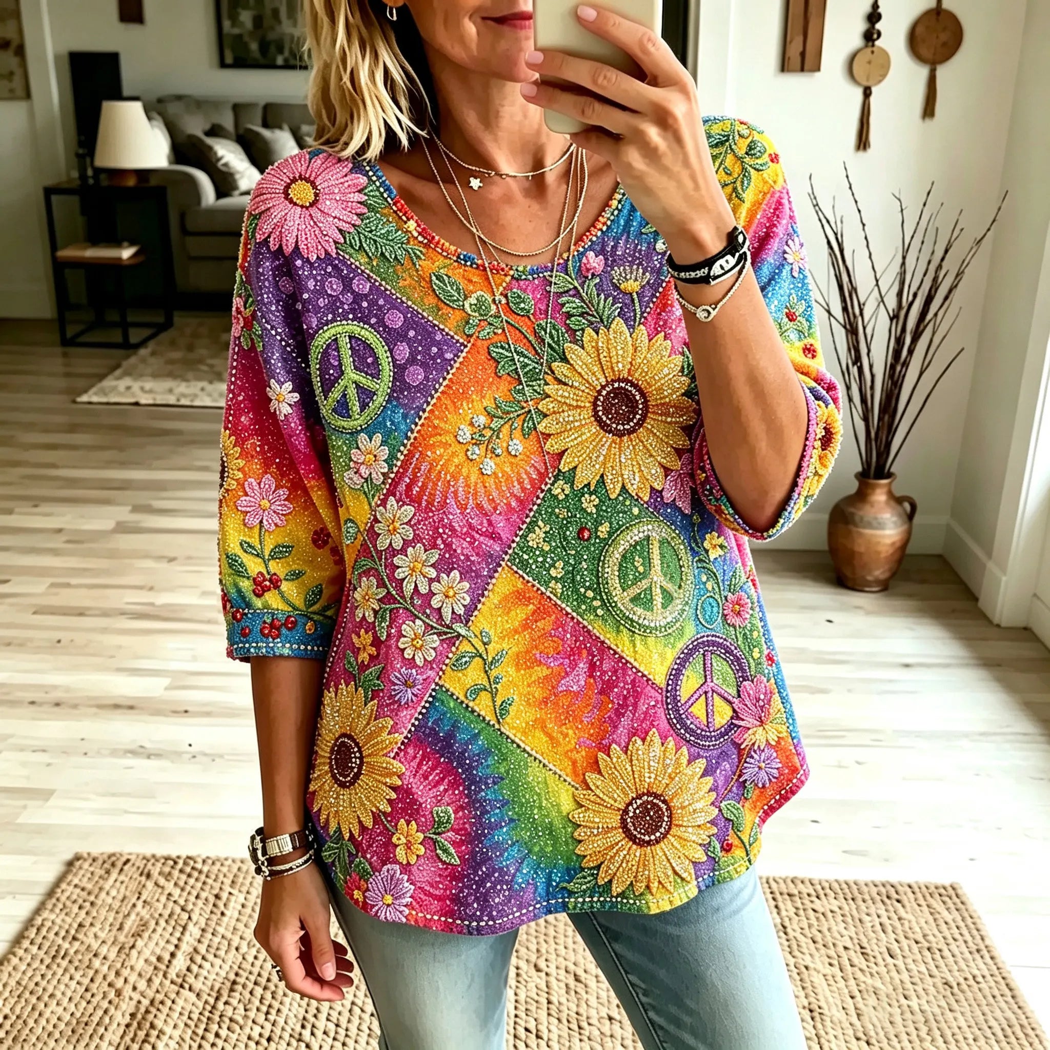 Women's Retro Hippie Floral Peace Symbol Embroidered Casual T-shirt