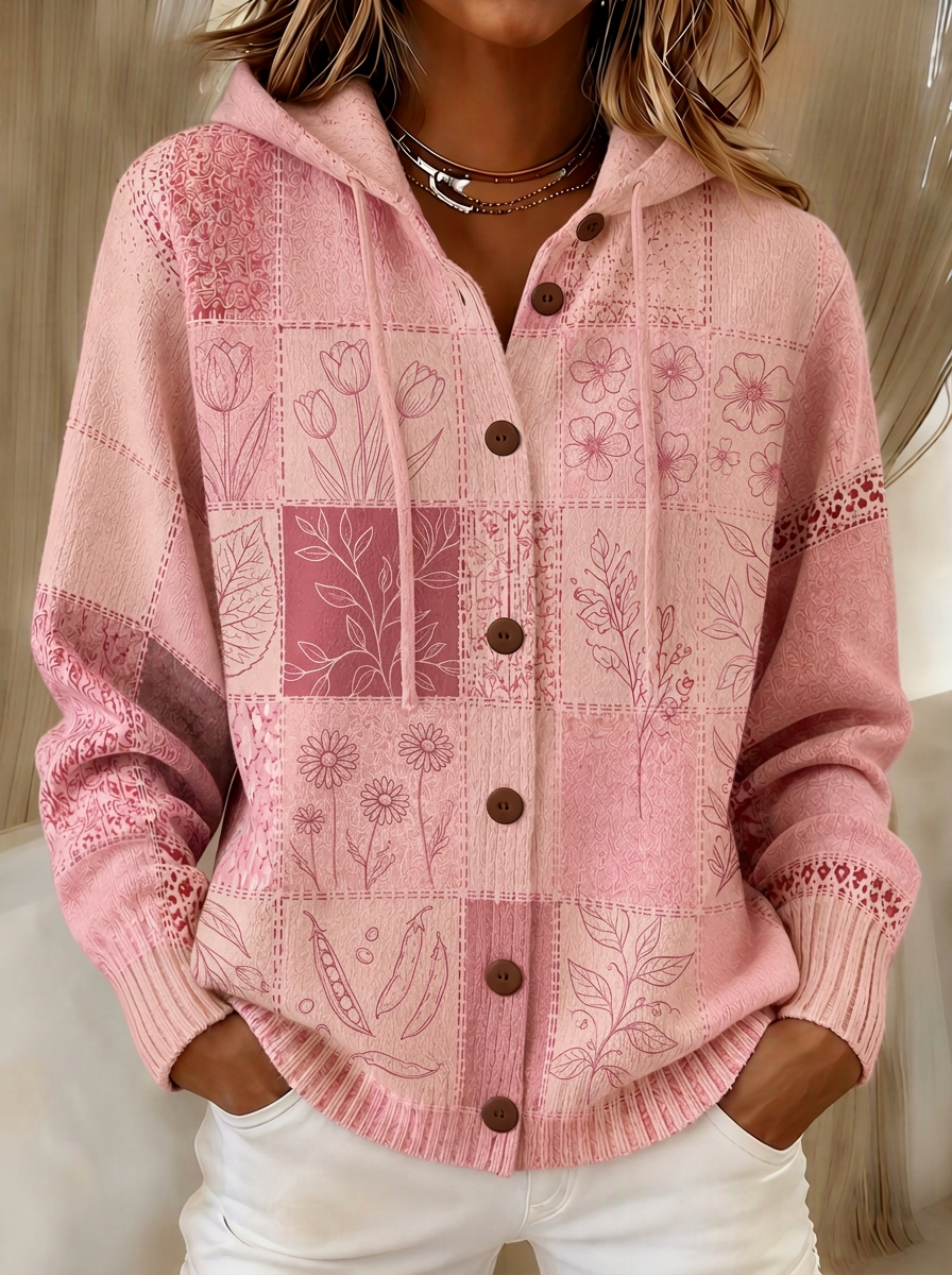 Women's Breast Cancer Awareness Floral Patchwork Printed Cardigan