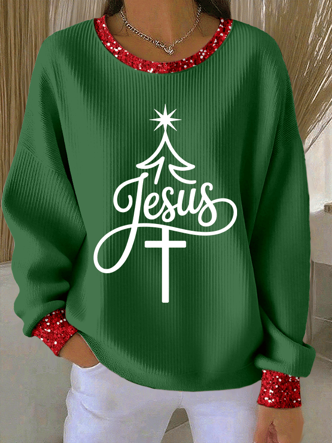 Women's Christmas Faith Print Knit Crew Neck Long Sleeve Top