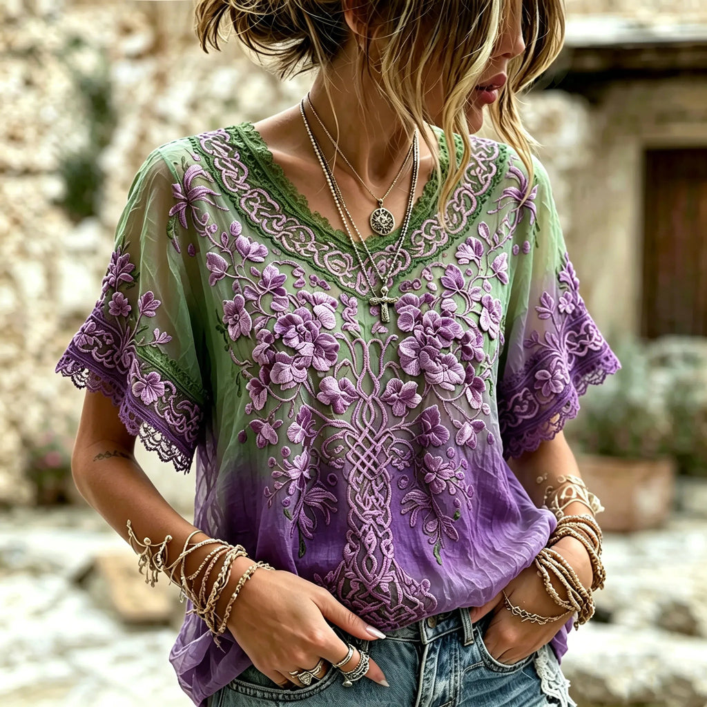 Women's Retro Bohemian Viking Style V-neck Top With Tree Of Life And Floral Embroidery Print