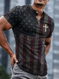 Men's American Flag Artistic Faith Waffle Henley Collar Short-Sleeve T-Shirt