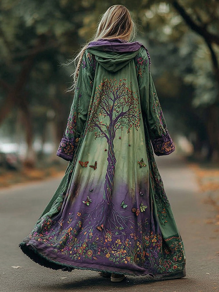 Women's Floral And Life Of Tree Art Cozy Maxi Hooded Cape