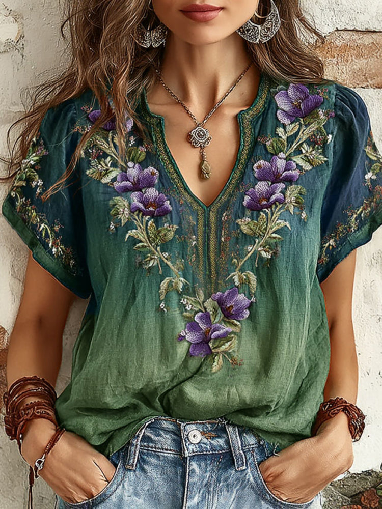 Women's Retro Floral Embroidery Casual Cotton Linen T-shirt