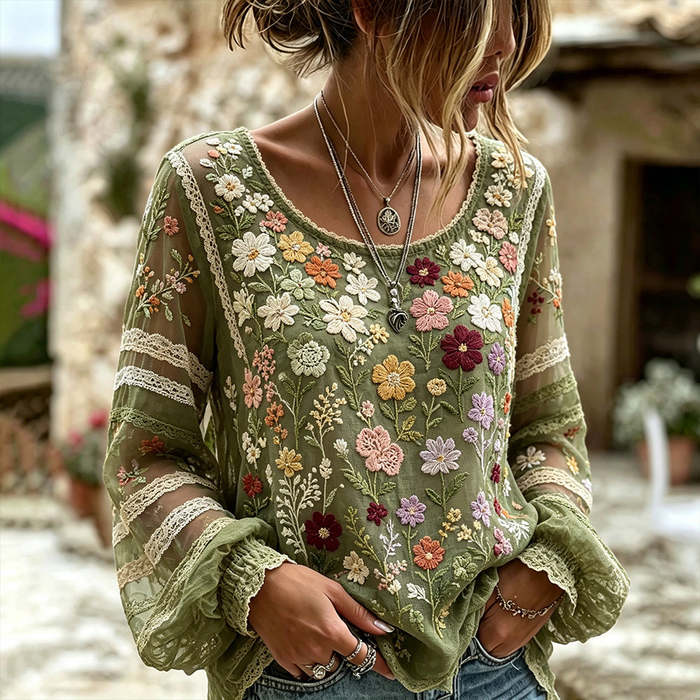 Women's Vintage Colorful Floral And Lace Art Cotton Linen Round Neck Long Sleeve Top