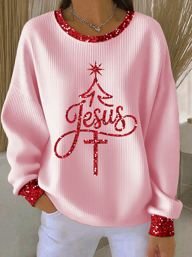 Women's Christmas Faith Print Knit Crew Neck Long Sleeve Top