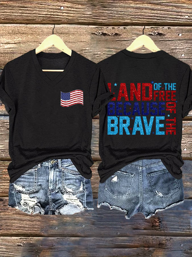V-Neck Retro Independence Day Land Of The Free Because Of The Brave Print T-Shirt