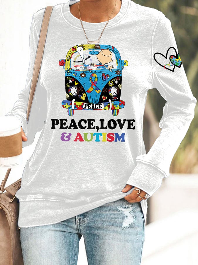 Retro Autism Awareness Ribbon Peace Love Autism Infinity Symbol Love Heart Print Sweatshirt
