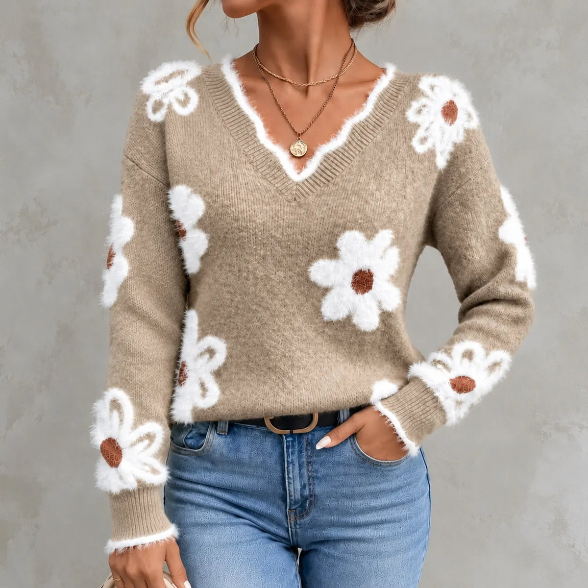Elegant Floral Jacquard Knit V-neck Sweater