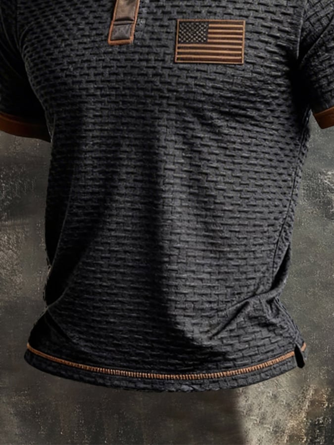 Men's Retro Patriotic Color-Block Short-Sleeve Henley T-Shirt