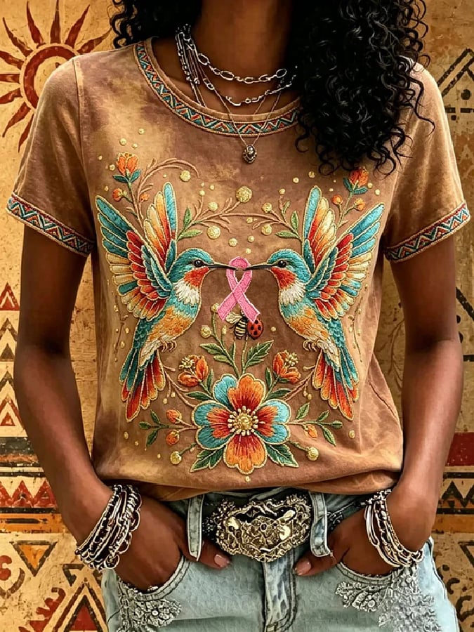 Women's Breast Cancer Awareness Short-Sleeve T-Shirt with Hummingbird Print
