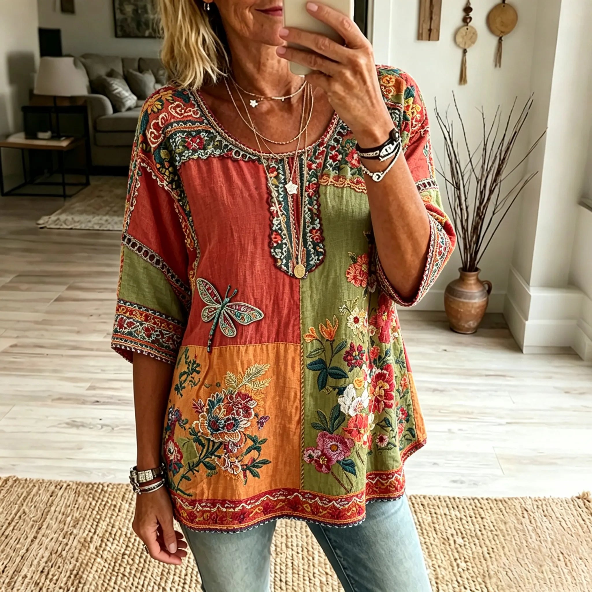 Women's Retro Floral And Dragonfly Hippie Vibes Art Print Flowy Linen Blend  Linen Tops