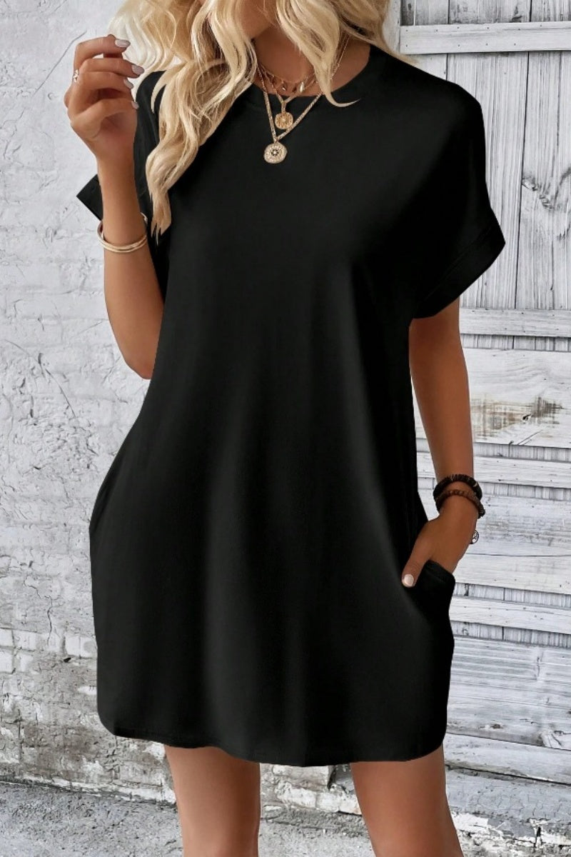Casual Minimalist Round Neck Roll Up Sleeve Dress