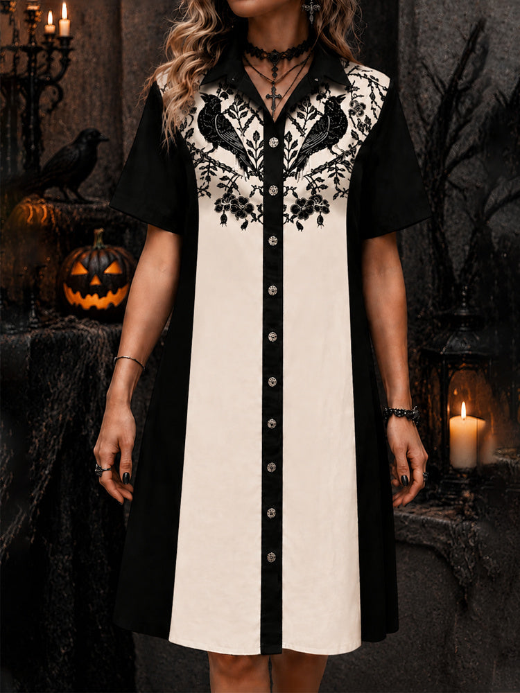 Women's Gothic Halloween Symmetrical Crow Plant Floral Mid-length Shirt Dress