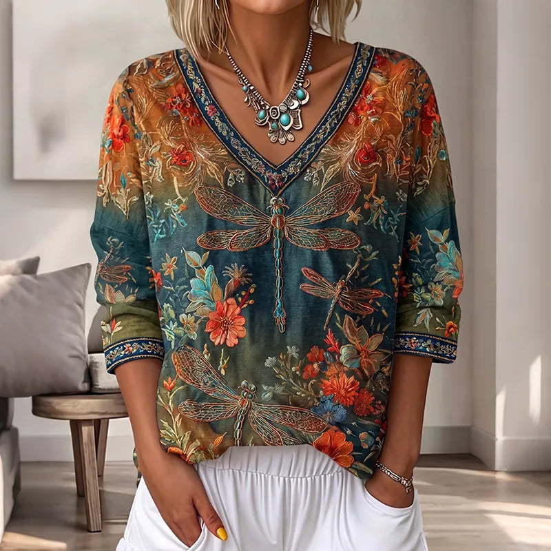 Women's Vintage Floral Dragonfly Art Print Flowy Linen Blend  Three-quarter Sleeve V Neck Linen Tops
