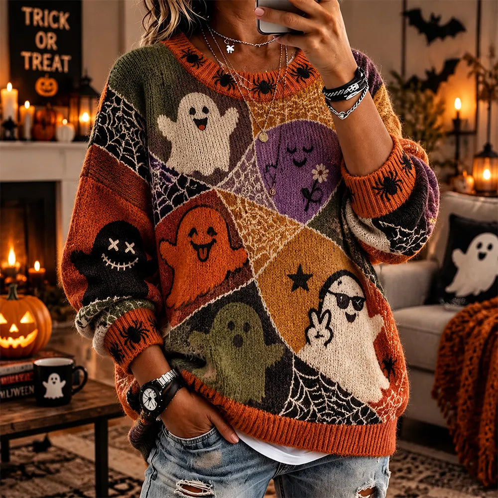 Women's Halloween Funny Ghost Art Casual Crewneck Sweater