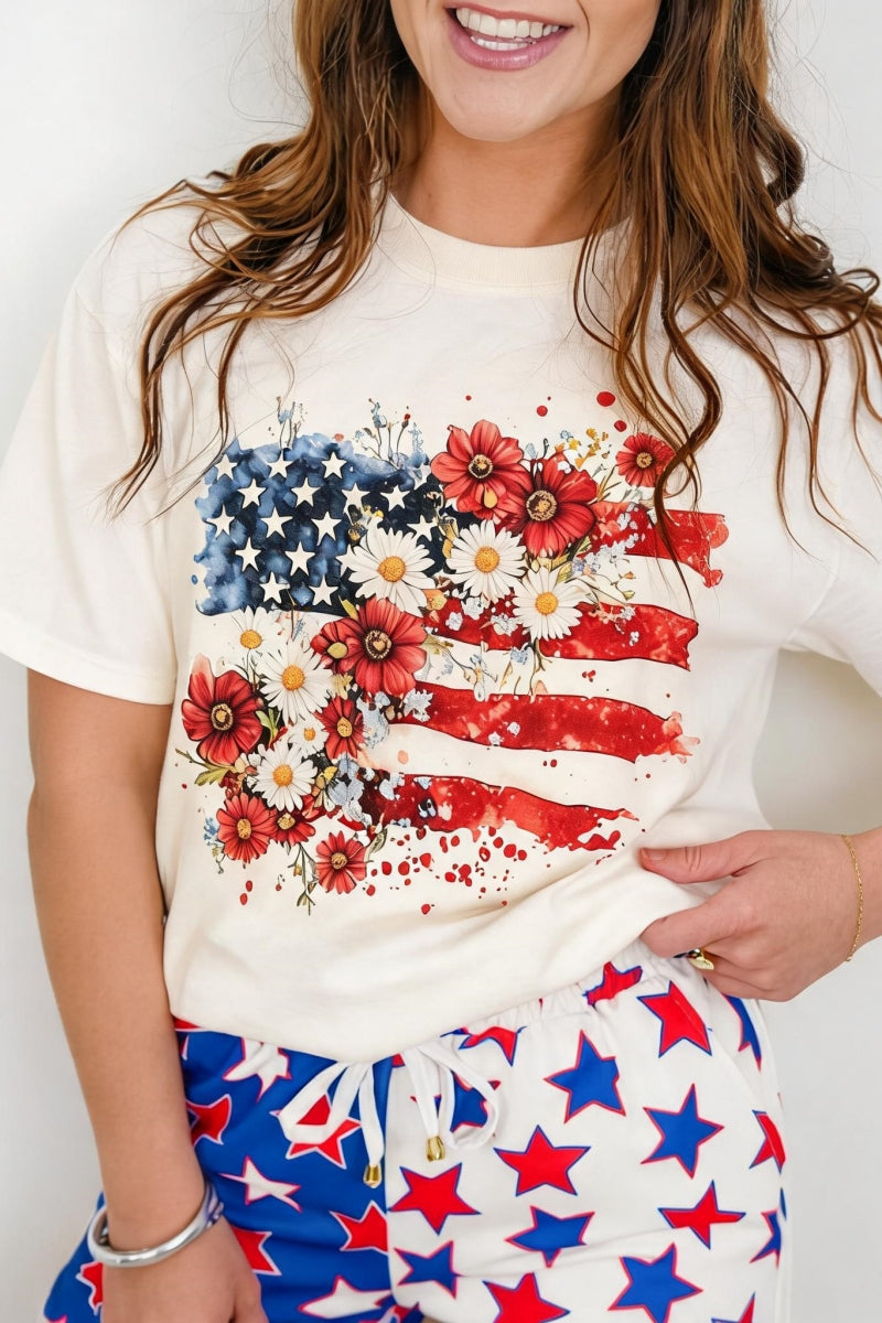Plus/Reg Short Sleeve Floral American Flag Graphic Tee