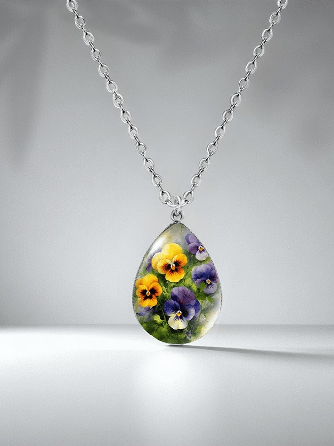Purple Drop-Shaped Pansy Flower Design Necklace