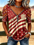Female Casual Hollowed Out Patriotic T-Shirt