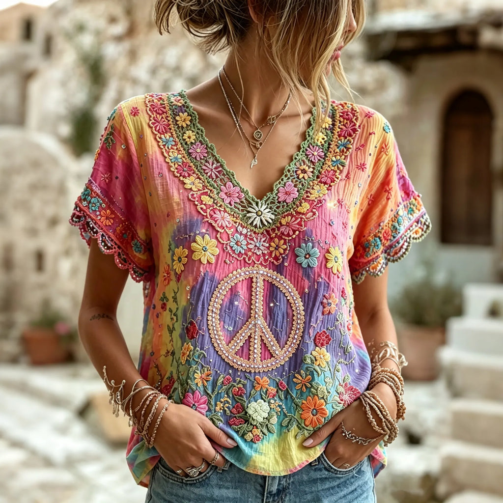 Women's Vintage Hippie Floral Art Linen Blend V Neck Short Sleeve Tops