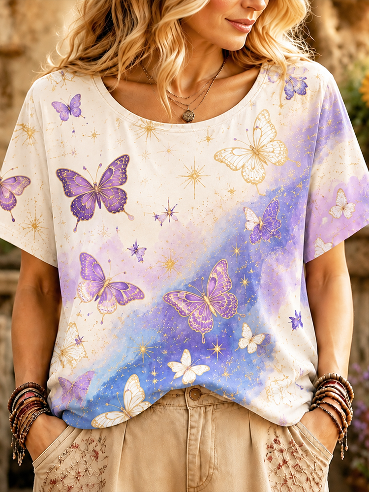 Women's Casual Crew Neck Short Sleeve T-shirt With Purple Butterfly And Watercolor Splatter Pattern