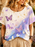 Women's Casual Crew Neck Short Sleeve T-shirt With Purple Butterfly And Watercolor Splatter Pattern