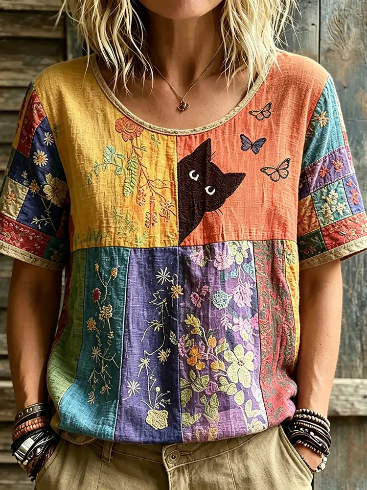 Women's Hippie Black Cat Art Embroidered Linen Blend Round Neck Tshirt