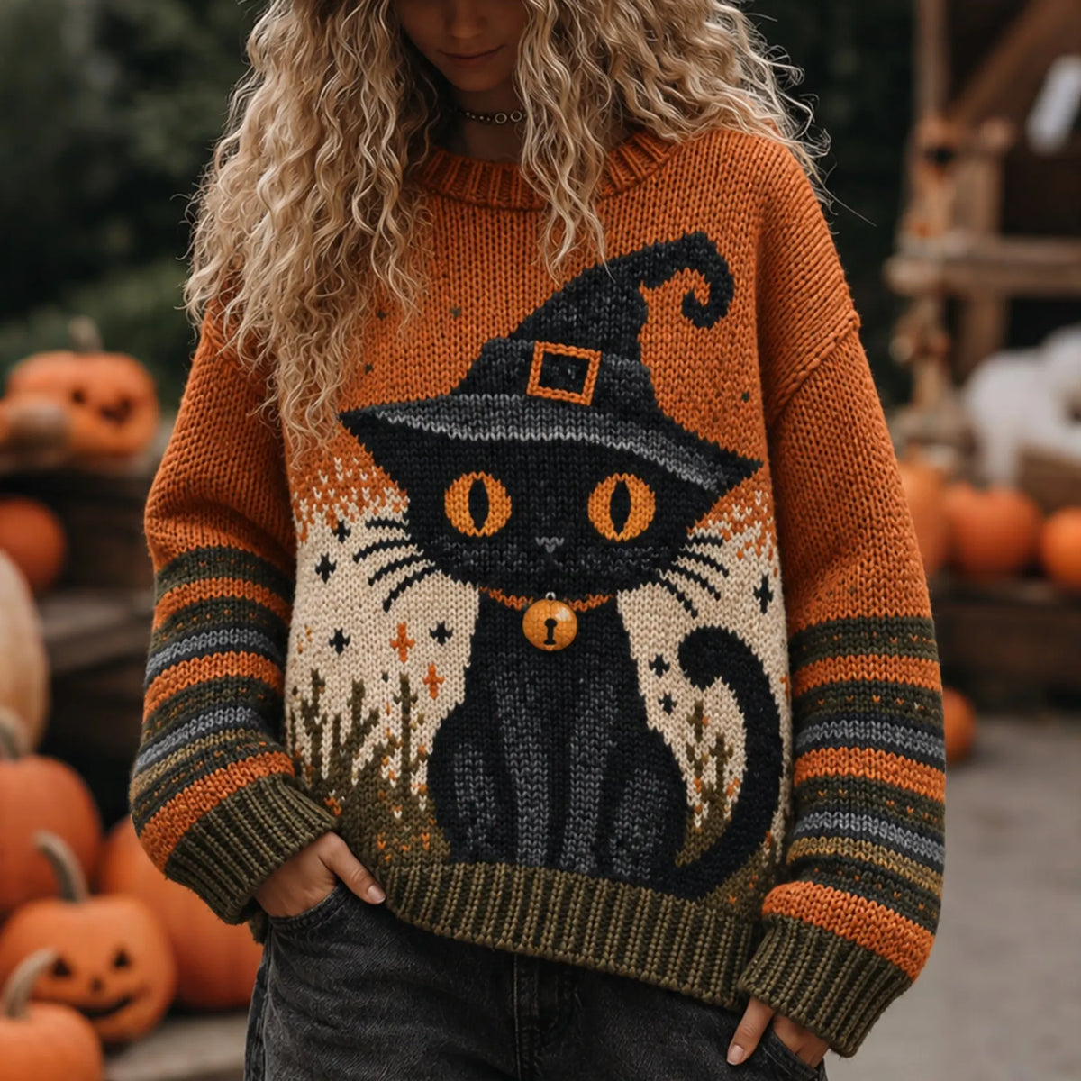 Women's Halloween Pumpkin Cat Print Knitted Comfort Round Neck Sweater