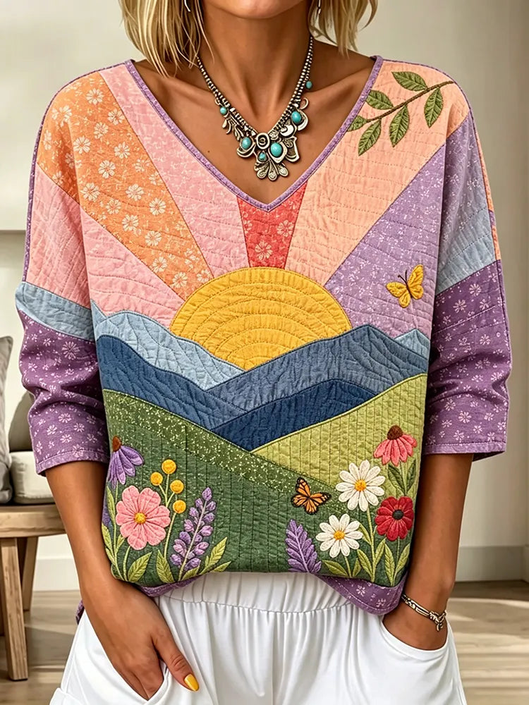 Women's Vintage Floral In Sunshine Art Print Flowy Linen Blend  Three-quarter Sleeve V Neck Linen Tops