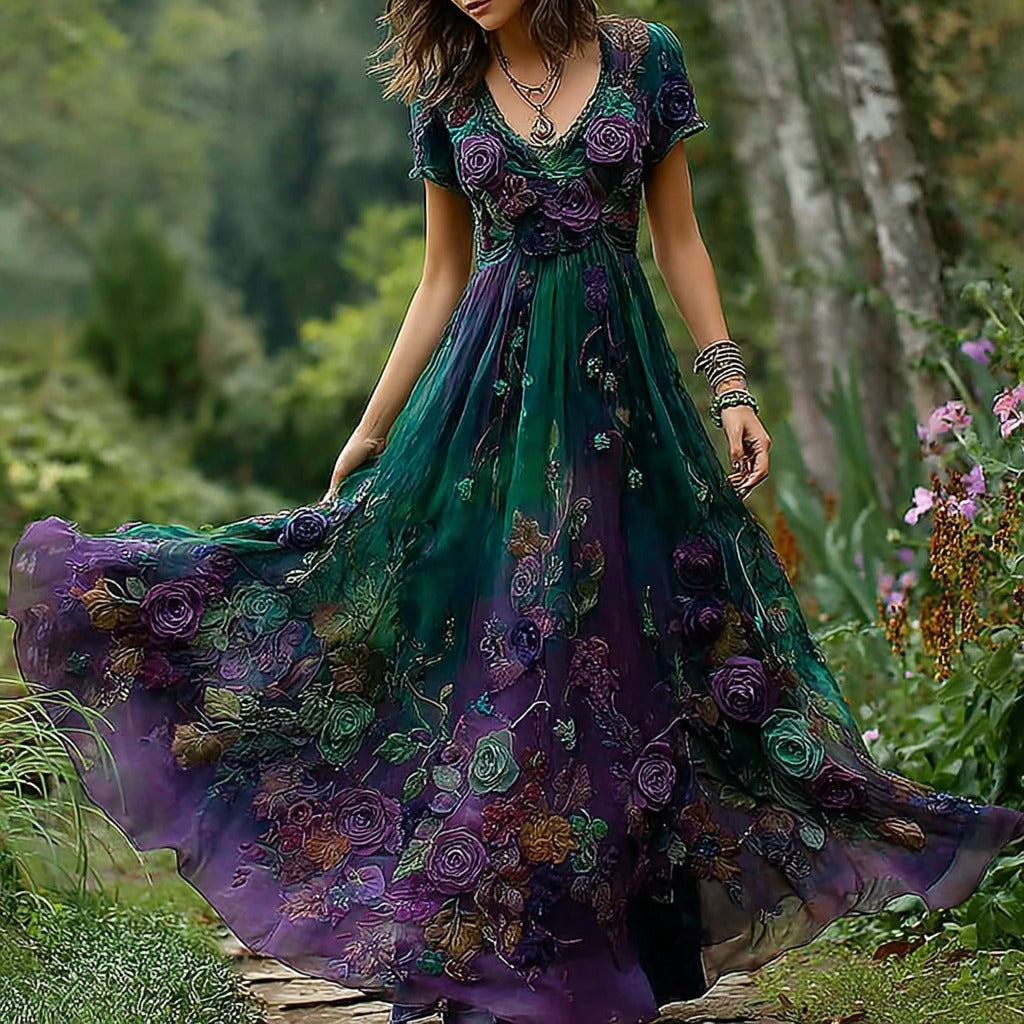 Women's Vintage Floral Embroidery Gradient Pattern V Neck Dress