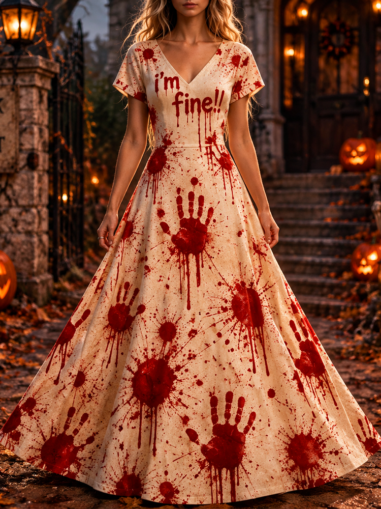 Women's Halloween Blood Handprint & "i'm Fine!!" Short Sleeve Maxi Dress