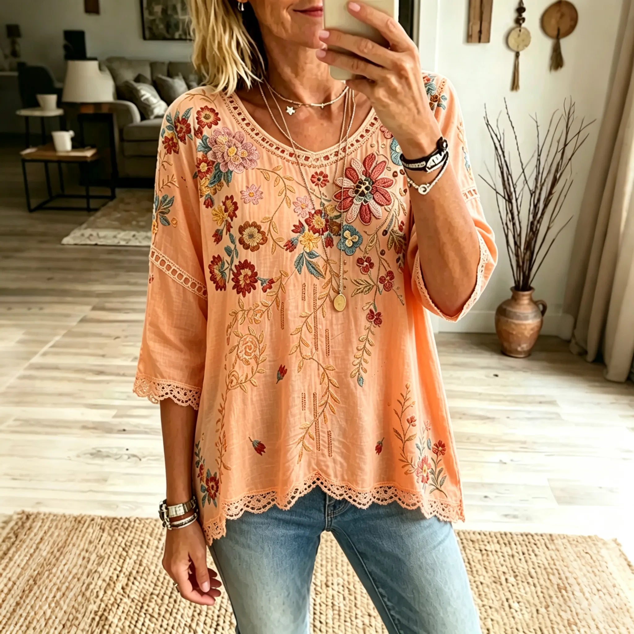Women's Floral Design Short-sleeved Linen T-shirt