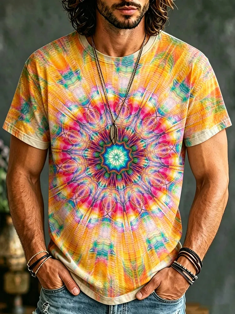 Men's Retro Hippie Tie-dye Cotton Linen Short-sleeve T-shirt