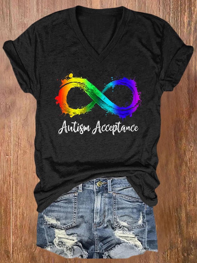 V-neck Retro Autism Awareness Infinity Autism Acceptance Print T-Shirt