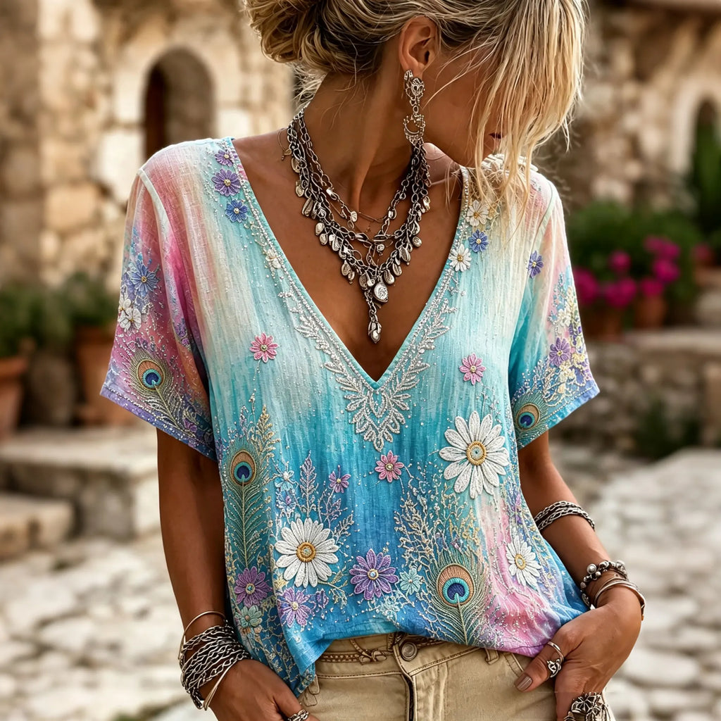Women's Retro Floral Gradient Art Pattern Linen V Neck T-shirt