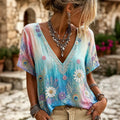 Women's Retro Floral Gradient Art Pattern Linen V Neck T-shirt