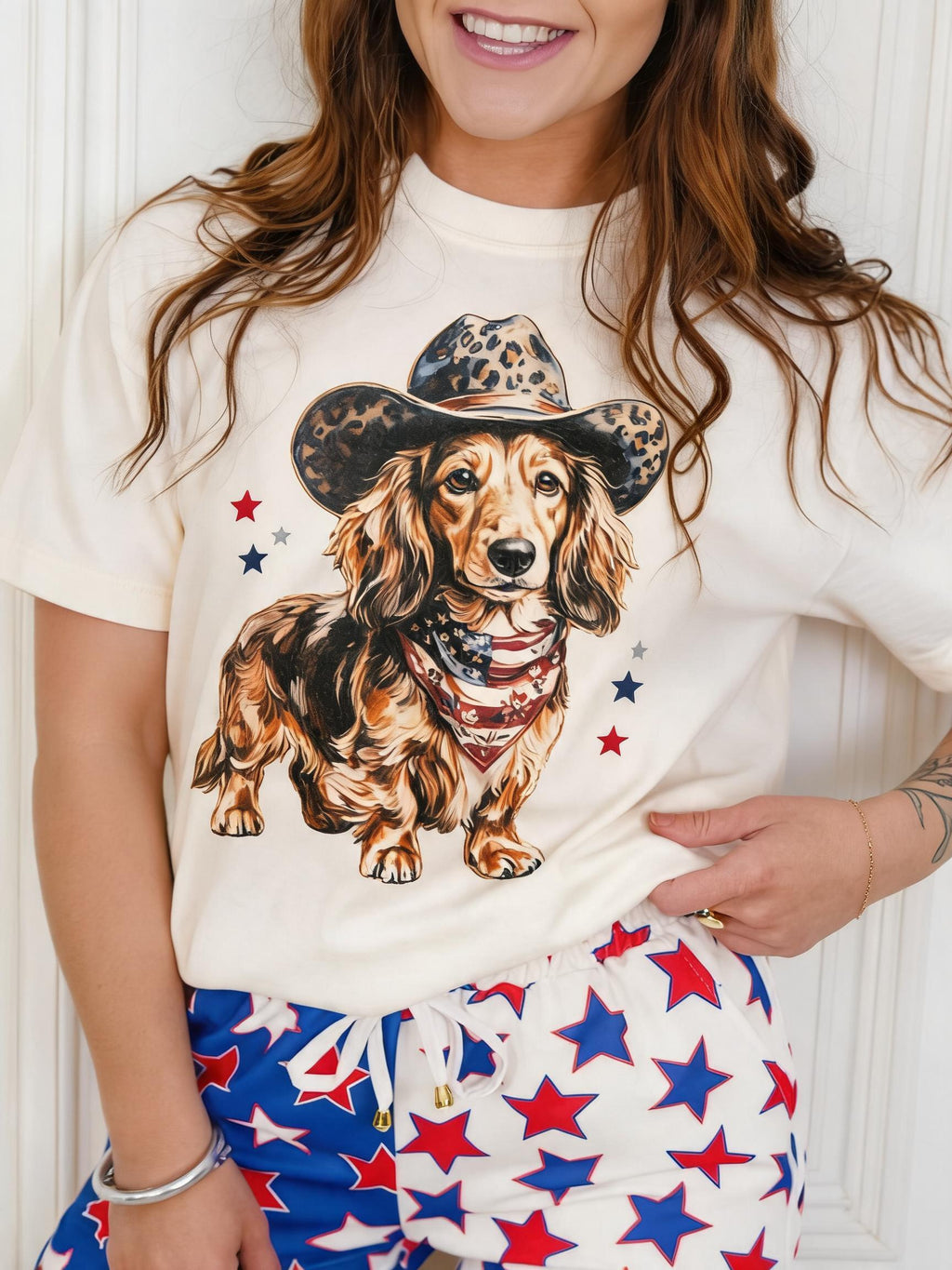 Plus/Reg Short Sleeve "American Cowboy Hat Dachsund" Graphic Tee