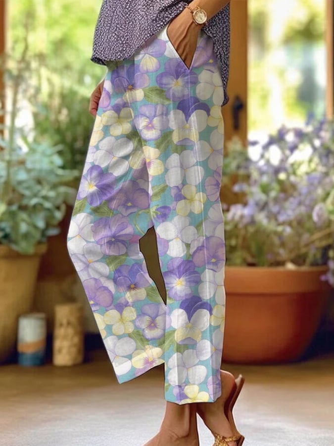 Women's Casual Purple Art Pansy Pants