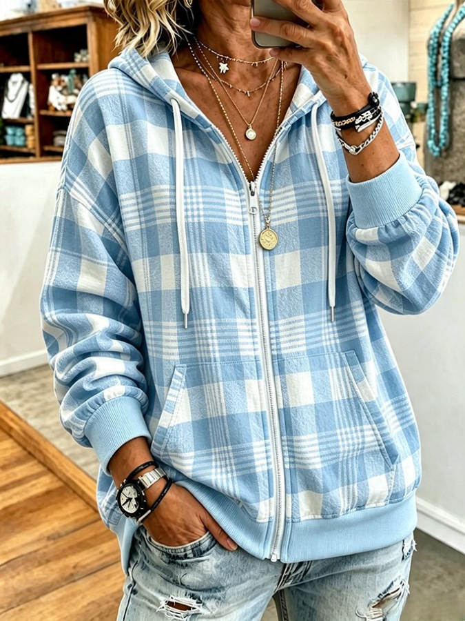 Women Pink Art Plaid Long Sleeve Hoodie Casual  Jacket Outerwear