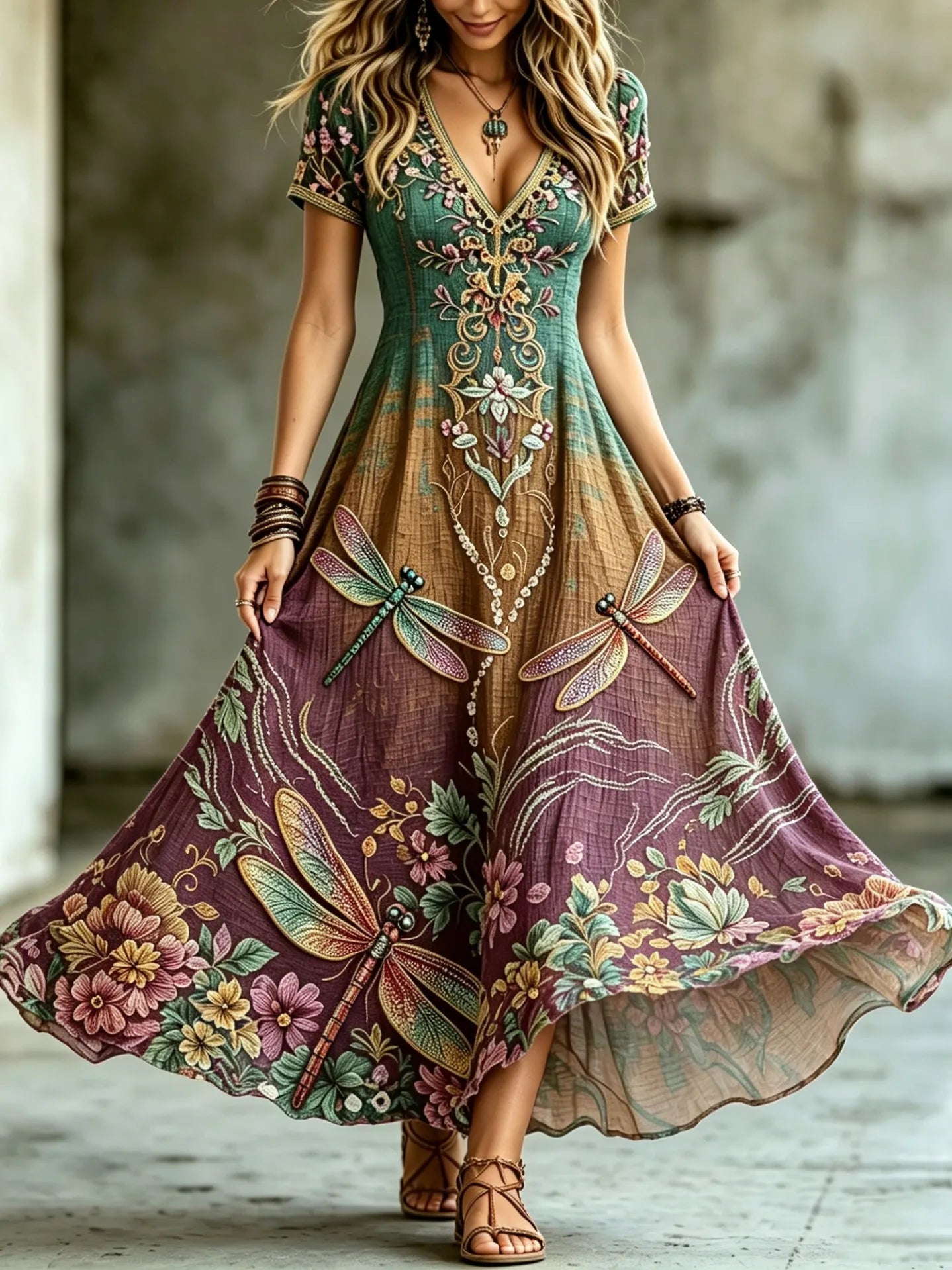 Women's Hippie Floral And Dragonfly Pattern Art Embroidered Linen Blend Maxi Dress