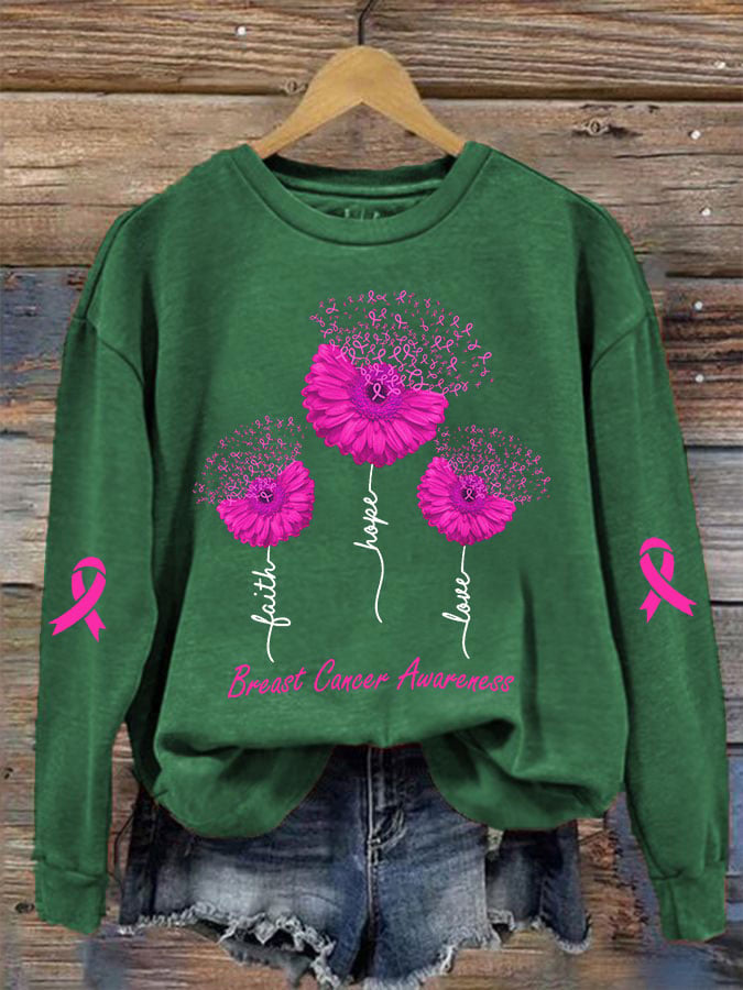 Women's Faith Hope Love Breast Cancer Awareness Daisy Print Crew Neck Sweatshirt