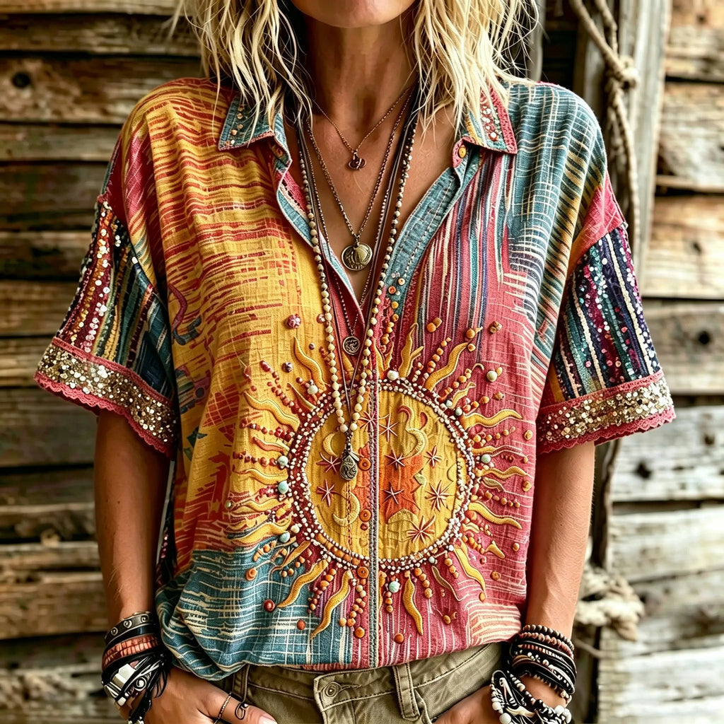 Women's Retro Hippie Style Printed Short-sleeve Shirt