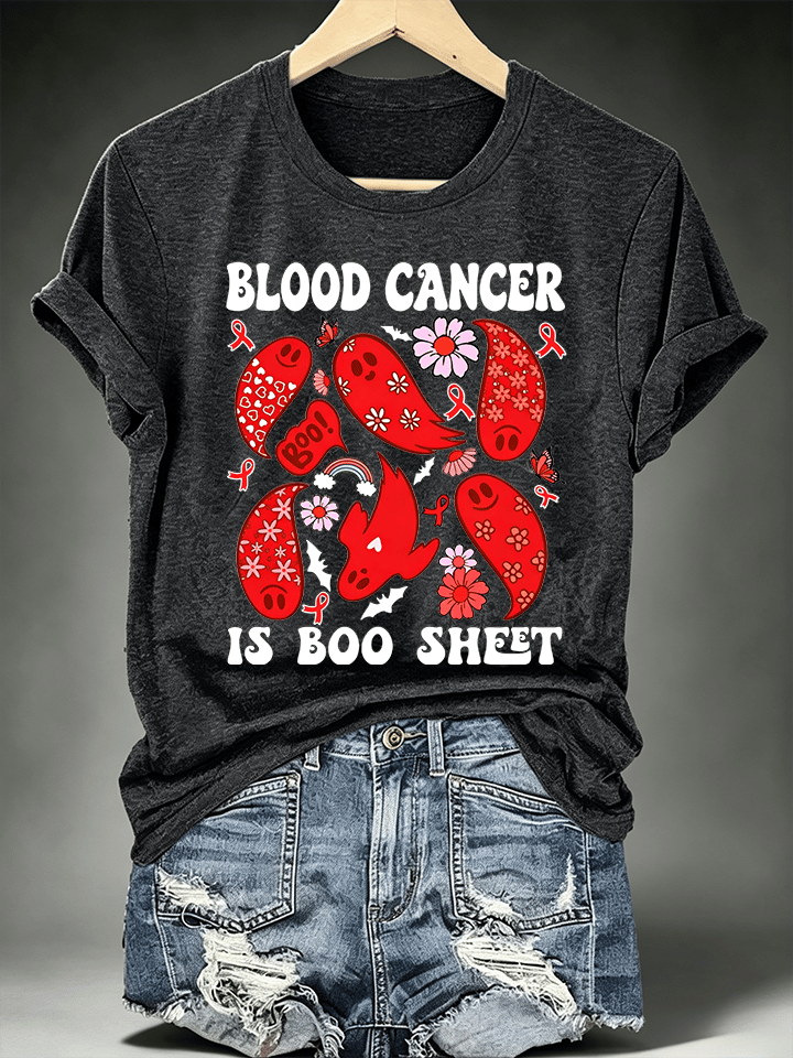 Women's Blood Cancer Awareness Red Ribbon Cute Ghosts Halloween Support Artwork T-Shirt